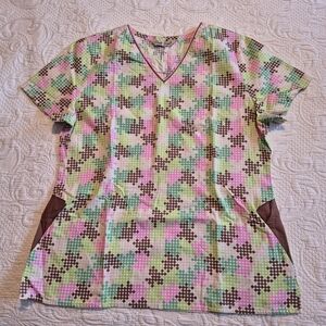 Comfy Cotton uniform shirt small multi color dot scrub top 2 front pockets VGUC